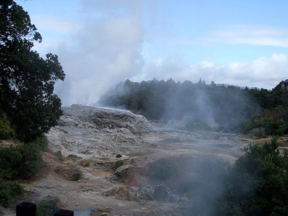 Whakarewarewa Thermal Village view to Four Feathers Geyser